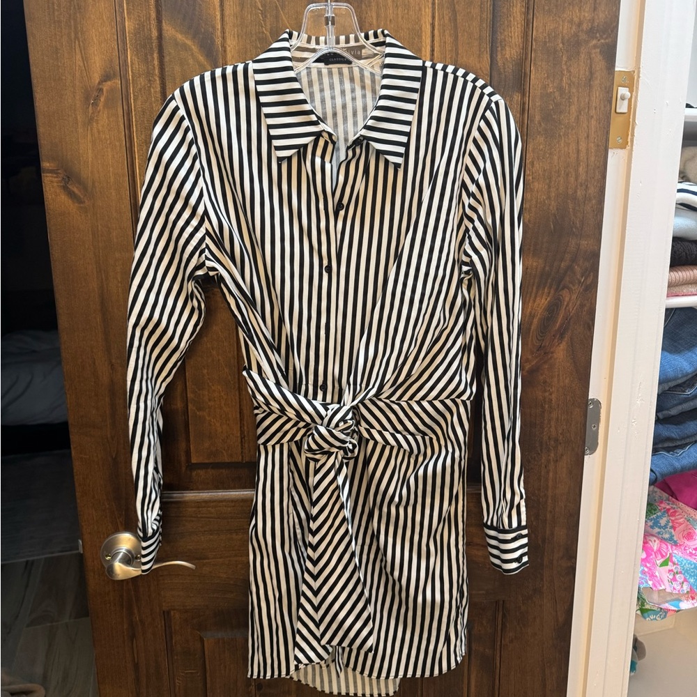 Alice + Olivia Black and White Striped Shirt Dress - Picture 4 of 6